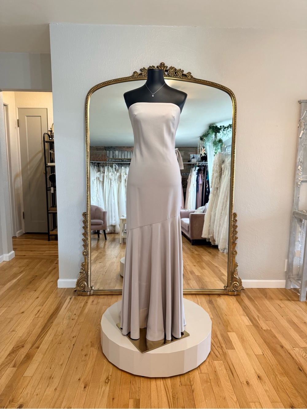 Theia Strapless Evening Gown in Light Taupe